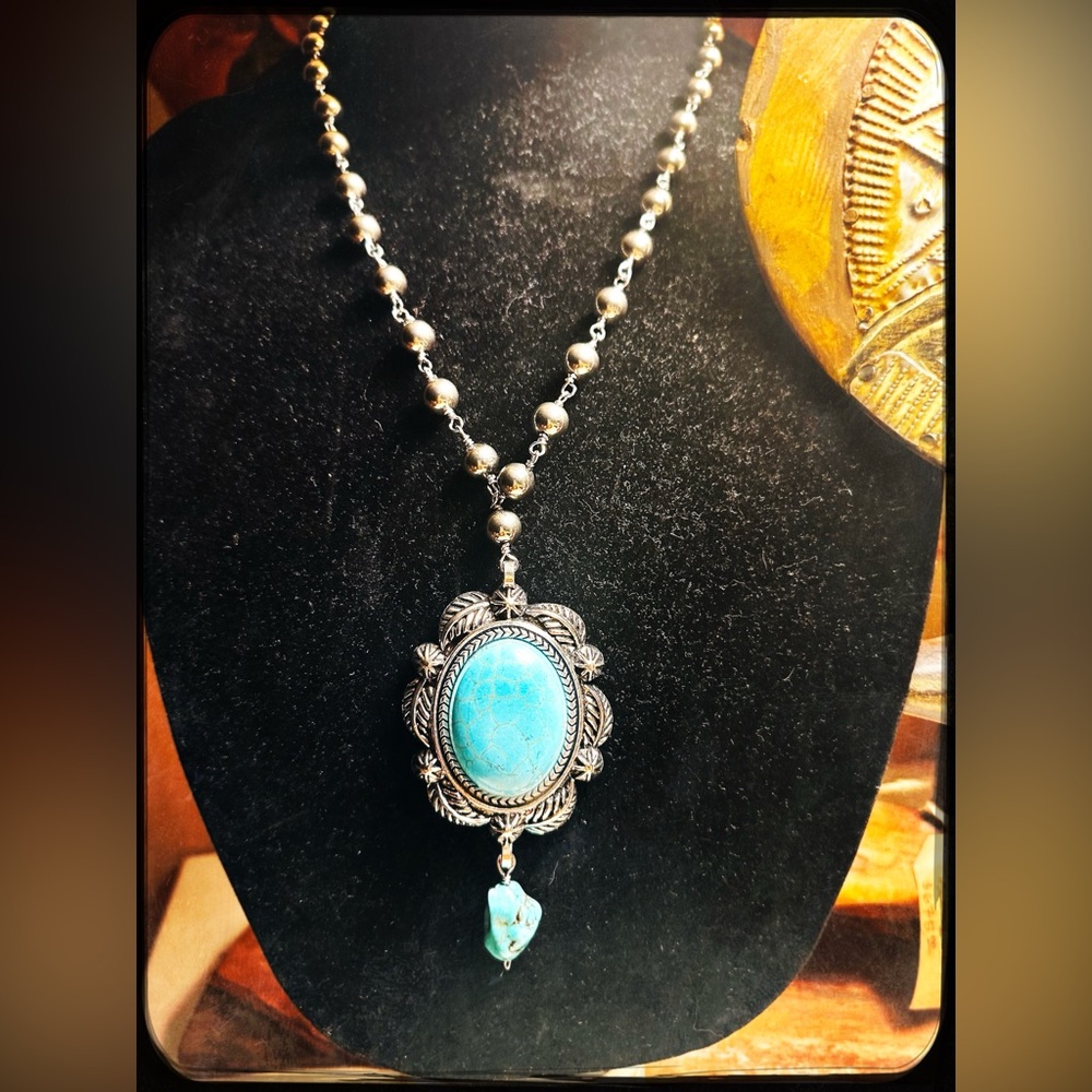 Silver Polished Malakite Stone & Turquoise Pendant Necklace - Women Jewelry
